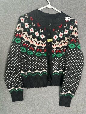 Black Fair Isle Button-Up Women's Sweater Cardigan Medium